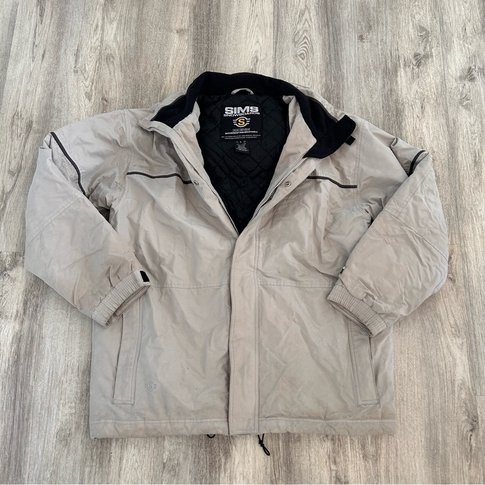 SIMS Snowboard Jacket S Zone Mens L Beige Hooded Insulated Micro 8 FLAWS Skiing